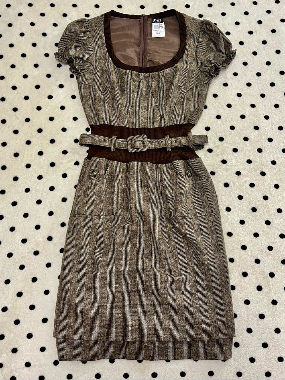 Vintage Dolce & Gabbana Brown Wool Plaid Belted Dress Y2K